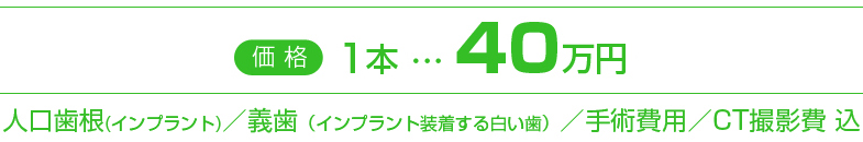 価格　１本４０万円（税込）人口歯根(インプラント)／義歯（インプラント装着する白い歯）／手術費用／CT撮影費 込